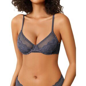 Women's Dark Grey Lace Balco nette Underwire Unlined Sheer Lingerie Bra